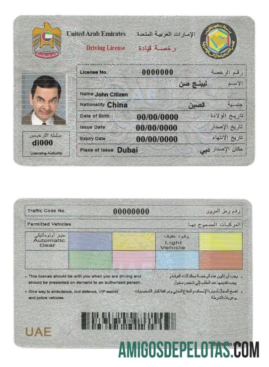 Carta de condução dos Emirados Árabes Unidos (Emirados Árabes Unidos) exemplo